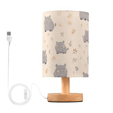 Bedside Table Lamp Cute Gray Hippo Small Desk Lamps Linen Fabric Shade Decorative Nightstand Lamp LED with USB Port Wood Base for Bedroom Living Room