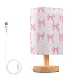 Cute Pink Ribbons Bow Bedside Table Lamp Small Desk Lamps Linen Fabric Shade Decorative Nightstand Lamp LED with USB Port Wood Base for Bedroom Living Room
