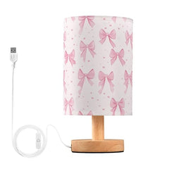 Cute Pink Ribbons Bow Bedside Table Lamp Small Desk Lamps Linen Fabric Shade Decorative Nightstand Lamp LED with USB Port Wood Base for Bedroom Living Room