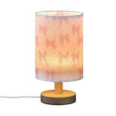 Cute Pink Ribbons Bow Bedside Table Lamp Small Desk Lamps Linen Fabric Shade Decorative Nightstand Lamp LED with USB Port Wood Base for Bedroom Living Room