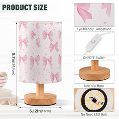 Cute Pink Ribbons Bow Bedside Table Lamp Small Desk Lamps Linen Fabric Shade Decorative Nightstand Lamp LED with USB Port Wood Base for Bedroom Living Room