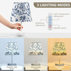Bedside Table Lamp for Bedroom Blue Toile De Nightstand Lamp Small with Fabric Shade LED 3 Way Dimmable USB Ports for Living Room Desk