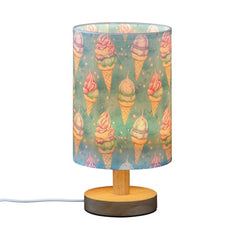 Bedside Table Lamp Watercolor Ice Cream Small Desk Lamps Linen Fabric Shade Decorative Nightstand Lamp LED with USB Port Wood Base for Bedroom Living Room