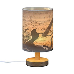 Guitar Music Theme Bedside Table Lamp Small Desk Lamps Linen Fabric Shade Decorative Nightstand Lamp LED with USB Port Wood Base for Bedroom Living Room