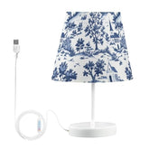 Bedside Table Lamp for Bedroom Blue Toile De Nightstand Lamp Small with Fabric Shade LED 3 Way Dimmable USB Ports for Living Room Desk