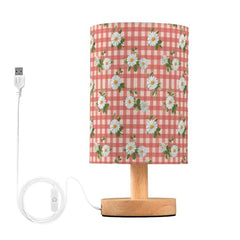 Strawberry Daisy Flower Gingham Bedside Table Lamp Small Desk Lamps Linen Fabric Shade Decorative Nightstand Lamp LED with USB Port Wood Base for Bedroom Living Room