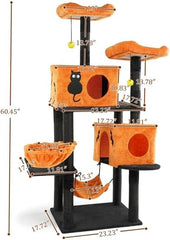61" Halloween Cat Tree, Large Cat Tower with 2 Spacious Cat Condos, 2 Padded Perches, 2 Hammocks, Scratching Posts, Hanging Toy, Multi-Level Cat Activities Furniture for Large Cats, Orange & Black