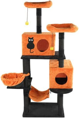 61" Halloween Cat Tree, Large Cat Tower with 2 Spacious Cat Condos, 2 Padded Perches, 2 Hammocks, Scratching Posts, Hanging Toy, Multi-Level Cat Activities Furniture for Large Cats, Orange & Black