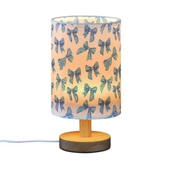 Blue Bow Coquette Bedside Table Lamp Small Desk Lamps Linen Fabric Shade Decorative Nightstand Lamp LED with USB Port Wood Base for Bedroom Living Room