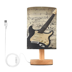 Guitar Music Theme Bedside Table Lamp Small Desk Lamps Linen Fabric Shade Decorative Nightstand Lamp LED with USB Port Wood Base for Bedroom Living Room