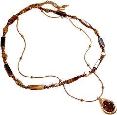 Retro Temperament Layered Tiger Eye Stone Pendant Necklace For Women Stainless steel Double-Layer Collarbone Chain Sets Jewelry Attractive design