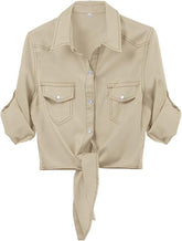 AMEBELLE Women's Roll Up 3/4 Sleeve Tie Front Knot Shirt Chambray Denim Crop Top