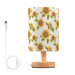 Sunflower Print Bedside Table Lamp Small Desk Lamps Linen Fabric Shade Decorative Nightstand Lamp LED with USB Port Wood Base for Bedroom Living Room