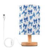 Blue Bow Coquette Bedside Table Lamp Small Desk Lamps Linen Fabric Shade Decorative Nightstand Lamp LED with USB Port Wood Base for Bedroom Living Room