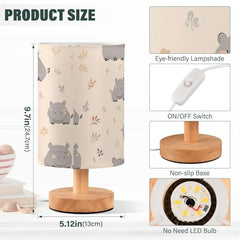 Bedside Table Lamp Cute Gray Hippo Small Desk Lamps Linen Fabric Shade Decorative Nightstand Lamp LED with USB Port Wood Base for Bedroom Living Room