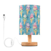Bedside Table Lamp Watercolor Ice Cream Small Desk Lamps Linen Fabric Shade Decorative Nightstand Lamp LED with USB Port Wood Base for Bedroom Living Room