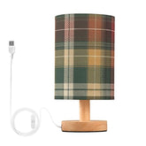 Green Tartan Plaid Bedside Table Lamp Small Desk Lamps Linen Fabric Shade Decorative Nightstand Lamp LED with USB Port Wood Base for Bedroom Living Room