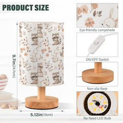 Raccoon Rabbits Floral Animal Bedside Table Lamp Small Desk Lamps Linen Fabric Shade Decorative Nightstand Lamp LED with USB Port Wood Base for Bedroom Living Room