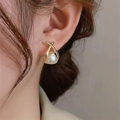 Korean Style Pearl Stud Earrings for Women, S925 Silver Post, Cross-Frame Lightweight Drop Design, Elegant Summer Jewelry