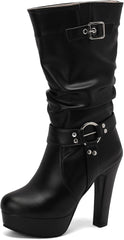 Black Platform Boots Mid Calf for Women Block High Heels