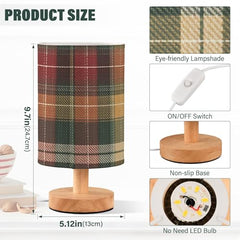 Green Tartan Plaid Bedside Table Lamp Small Desk Lamps Linen Fabric Shade Decorative Nightstand Lamp LED with USB Port Wood Base for Bedroom Living Room