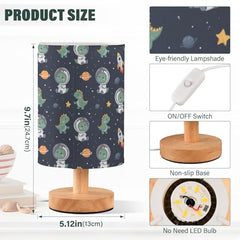 Dinosaur Space Rockets Bedside Table Lamp Small Desk Lamps Linen Fabric Shade Decorative Nightstand Lamp LED with USB Port Wood Base for Bedroom Living Room