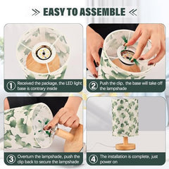 Sage Green Ginkgo Leaves Bedside Table Lamp Small Desk Lamps Linen Fabric Shade Decorative Nightstand Lamp LED with USB Port Wood Base for Bedroom Living Room
