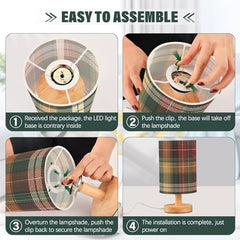 Green Tartan Plaid Bedside Table Lamp Small Desk Lamps Linen Fabric Shade Decorative Nightstand Lamp LED with USB Port Wood Base for Bedroom Living Room