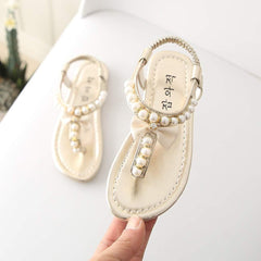 White Sandals for Girls Summer Princess Baby Thong Shoes Sandals Bowknot Toddler Kids Infant Pearl Girls Baby Shoes (Gold, 11 Years)