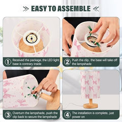 Cute Pink Ribbons Bow Bedside Table Lamp Small Desk Lamps Linen Fabric Shade Decorative Nightstand Lamp LED with USB Port Wood Base for Bedroom Living Room