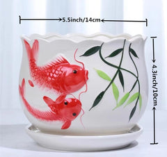Ceramic Garden Pot Planter with Drainage Hole,Home/Garden Modern Flower Planter Pot with Saucer/Tray - Outside Red Fish Design,Red Goldfish Pattern