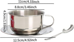 Coffee Mug Tea Cup Stainless Steel with Saucer Spoon Handle 200ml Coffee Cup Set for Office, 3Pcs
