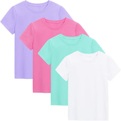 KEREDA 4 Pack Girls Short Sleeve Shirts Cotton T-Shirts Summer Basic Tees Tops Clothes for Kids