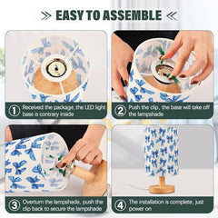 Blue Bow Coquette Bedside Table Lamp Small Desk Lamps Linen Fabric Shade Decorative Nightstand Lamp LED with USB Port Wood Base for Bedroom Living Room