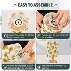 Sunflower Print Bedside Table Lamp Small Desk Lamps Linen Fabric Shade Decorative Nightstand Lamp LED with USB Port Wood Base for Bedroom Living Room