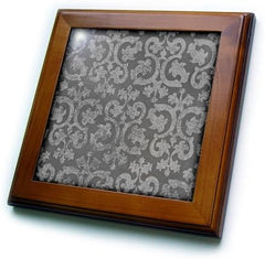 3dRose ft_151435_1 Grunge Dark Gray Damask Silver Grey Faded Antique Vintage Swirls Wallpaper Fancy Swirling Pattern Framed Tile, 8 by 8-Inch