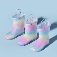 Women Clear Round Toe Flat Pull On Mid Calf Boot Waterproof Jelly Soles Kids Rainbow Rain Boots