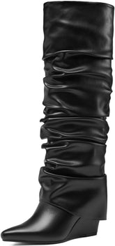 Fold Over Boots for Women Slouched Wedge Heels Knee High Pointed Toe