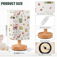 Bedside Table Lamp Farm Tractor Chicken Small Desk Lamps Linen Fabric Shade Decorative Nightstand Lamp LED with USB Port Wood Base for Bedroom Living Room