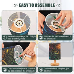 Psychedelic Celestial Sun Moon Bedside Table Lamp Small Desk Lamps Linen Fabric Shade Decorative Nightstand Lamp LED with USB Port Wood Base for Bedroom Living Room