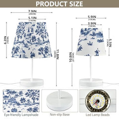 Bedside Table Lamp for Bedroom Blue Toile De Nightstand Lamp Small with Fabric Shade LED 3 Way Dimmable USB Ports for Living Room Desk