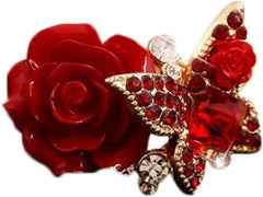 Women Ring Size Adjustable Rose Flowers Butterfly Diamond Lady Ring Jewelry Accessories Birthday Gift Red Practical