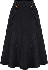 Belle Poque Women's Denim Skirts Vintage Elastic High Waist A-Line Long Maxi Jean Skirts with Pockets