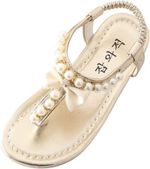 White Sandals for Girls Summer Princess Baby Thong Shoes Sandals Bowknot Toddler Kids Infant Pearl Girls Baby Shoes (Gold, 11 Years)