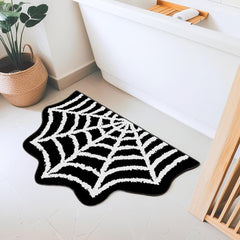 Halloween Spider Web Bath Mat, Gothic Halloween Rug, Spiderweb Area Carpet, Black Washable Spider Net Anti-Slip Bath Mat for Bathroom, Front Door, Bedroom, Kitchen