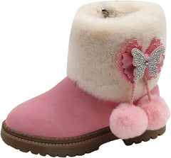 Fashion Autumn And Winter Girls Snow Boots Thick Bottom Non Slip Warm Solid Color Rhinestone Bow Zipper Bog Snow Boot