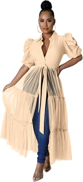 Ekaliy Women Sexy Short Sleeve Bodycon High Low Asymmetrical Ruffle Tunics Blouse Shirt Top Dress