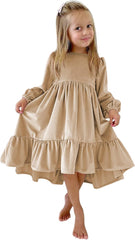 Flower Girls Sequin Lace Tulle Kids Little Girls Daily Dress Autumn Long Sleeve Solid Irregular (Khaki, 11-12 Years)