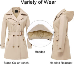 CREATMO US Women's Trench Coat Double-Breasted Classic Lapel Overcoat Belted Slim Outerwear Coat with Detachable Hood