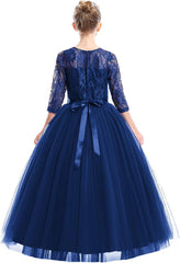 Flower Girls Long Floral Boho Lace Wedding Bridesmaid Dress 3/4 Sleeves Princess Puffy Maxi Tulle Pageant Formal Party Gowns